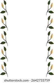 Quadro vetorial elegante com um padrão repetitivo de folhas verdes estilizadas e botões beges, perfeito para convites, cartas ou elementos decorativos.