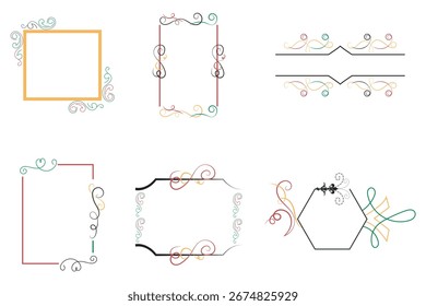 Elegante conjunto de molduras vetoriais com bordas decorativas com redemoinhos coloridos, cachos e floreios. Inclui quadrado, retangular, Perfeito para convites de casamento, certificados