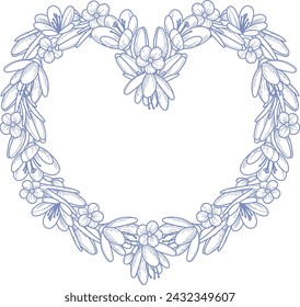 Elegant vector frame with spring flowers. In the shape of a heart. Crocuses and cherry blossoms. Monochrome grey-blue palette. It is suitable for greetings, invitations, postcards and others