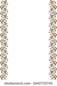 Elegant vector frame with vertical lines of stylized autumn leaves in red, orange, green and beige colors, perfect for fall-themed designs or invitations.