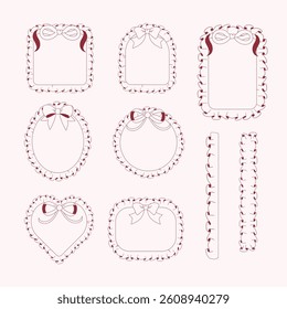 Elegant vector frames with ruffles and red bows. Hand-drawn decorative set in pastel red tones. Ideal for invitations, scrapbooking, and romantic or baby-themed designs.