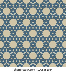 Elegant vector geometric seamless pattern. Simple gold and blue texture with small stars, floral shapes, grid, net. Abstract minimal background. Luxury repeat design for festive decor, wallpapers