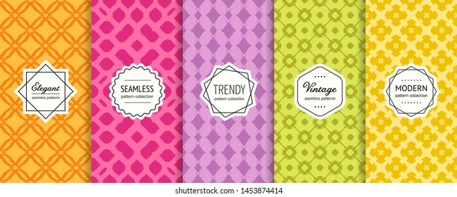 Elegant vector geometric seamless pattern collection. Set of simple colorful background swatches with modern minimal labels. Abstract ornamental textures. Orange, pink, purple, green, yellow color