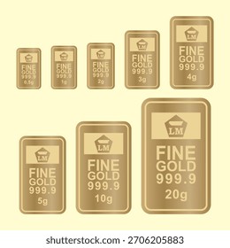 Elegantes barras de oro de Vector ilustradas con Gradientes limpios y Formas refinadas, mostrando varios pesos en un estilo metálico moderno.