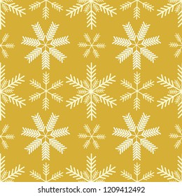 Elegant vector gold and white ornamental snowflakes linear seamless pattern background. Perfect for seasonal giftwrap, invitations, stationery, quilting, fun scrapbooking and marketing projects.