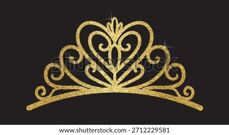 Elegant vector golden glitter crown or tiara isolated on a black background. Luxury wedding, birthday, and party accessory with heart and swirl royal motifs.
