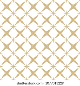 Elegant vector golden seamless pattern. Subtle geometric ornament texture with stars, crosses, floral shapes, lattice. Gold and white luxury background. Asian style design for decoration, prints, web