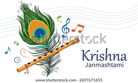 Elegant vector graphic celebrating Krishna Janmashtami Features the divine Bansuri flute musical notes and a vibrant peacock feather Mayur Pankh Ideal for banners and greetings