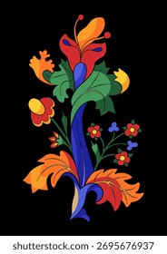 Elegante adorno gráfico de Vector compuesto de hojas y flores, inspirado en motivos botánicos medievales. Un único elemento decorativo con Formas delicadas y colores llamativos, aislado sobre fondo negro