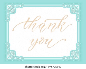 Elegant vector gratitude card.  Vector invitation card with white background and frame with flower elements and beautiful typography. Sunny spring backdrop. Thank you lettering.