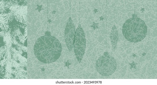 Elegant vector green combined background with spruce branches and Christmas balls. Abstract background with a rough texture. A New Year's holiday template for your design.