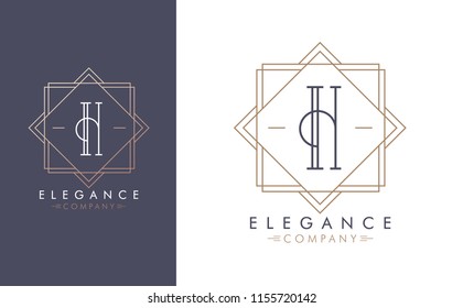 Elegant vector H logo in two color variations. Art Deco style logotype design for luxury company branding. Premium identity design in blue and gold.