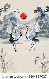 Elegant vector hand drawn illustration with white cranes in oriental style