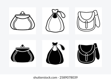 Elegant vector handbag icons set, stylish purse illustrations perfect for fashion designs