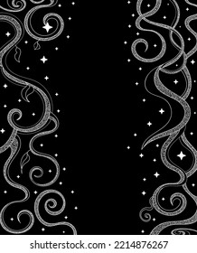 Elegant vector handwritten frame with linear curling pattern with leaves and stars 