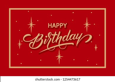 Elegant vector Happy Birthday card. Vector congratulation card with starry background, frame and beautiful typography. Minimalistic backdrop with anniversary greeting. Artistic lettering.