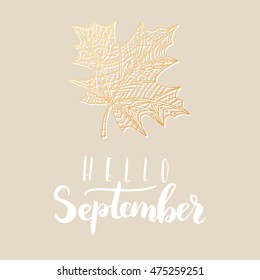 Elegant vector "Hello September" quote. Hipster calligraphic phrase. Leave background.
