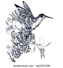 Elegant vector hummingbird with flowers and flourishes in vintage style