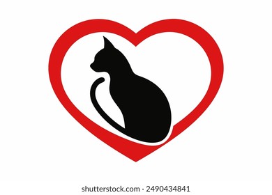 Elegant vector icon of a cat silhouette sitting under a heart, perfect for pet lovers and design enthusiasts. Ideal for logos, illustrations, and creative projects