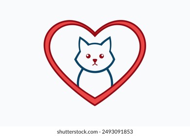 Elegant vector icon of a cat silhouette sitting under a heart, perfect for pet lovers and design enthusiasts. Ideal for logos, illustrations, and creative projects