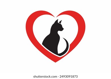 Elegant vector icon of a cat silhouette sitting under a heart, perfect for pet lovers and design enthusiasts. Ideal for logos, illustrations, and creative projects