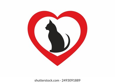 Elegant vector icon of a cat silhouette sitting under a heart, perfect for pet lovers and design enthusiasts. Ideal for logos, illustrations, and creative projects