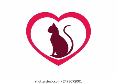 Elegant vector icon of a cat silhouette sitting under a heart, perfect for pet lovers and design enthusiasts. Ideal for logos, illustrations, and creative projects