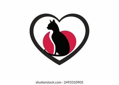 Elegant vector icon of a cat silhouette sitting under a heart, perfect for pet lovers and design enthusiasts. Ideal for logos, illustrations, and creative projects