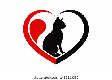 Elegant vector icon of a cat silhouette sitting under a heart, perfect for pet lovers and design enthusiasts. Ideal for logos, illustrations, and creative projects