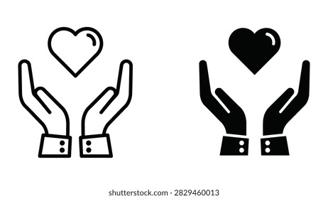 An elegant vector icon depicting two hands cradling a heart symbolizing care love or charity. Includes both outline and solid versions perfect for non-profit healthcare or wellness websites.