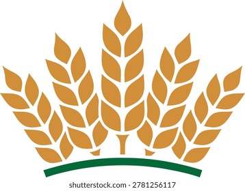 
Elegant vector icon featuring five golden wheat stalks arranged in a crown formation above a curved green base. Premium agricultural symbol representing harvest, abundance, prosperity, organic farming, grain quality, food production, and agricultural excellence. Perfect for organic food brands, flour mills, bakeries, grain companies, farm cooperatives, agricultural certification, agritech, and premium food packaging. Covers farming, agriculture, organic