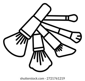 Ícone de vetor elegante de um conjunto de pincel de maquiagem profissional. Esta arte de linha minimalista é ideal para marca de beleza, marketing de cosméticos e sinalização de salão. Apresenta ferramentas profissionais de limpeza.
