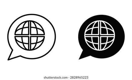 An elegant vector icon showing a globe inside a speech bubble. This symbol is ideal for representing global communication international networking language services and worldwide connectivity.