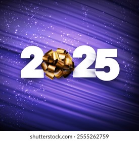 Elegant vector illustration of 2025 featuring a golden bow, shimmering sparkles, and a vibrant purple background.