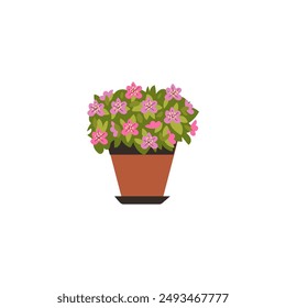 Elegant vector illustration with an azalea flower in a flower pot. It includes detailed pink petals and green leaves for a nature-themed decoration.