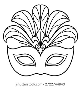 Ilustração vetorial elegante de uma máscara de Mardi Gras preto e branco com ornamentados embelezamentos em forma de penas e intrincado trabalho de rolagem.