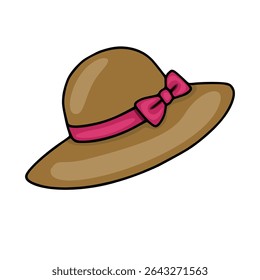 Elegant vector illustration of a brown sun hat with a pink ribbon and bow, perfect for fashion design or summer-themed projects.