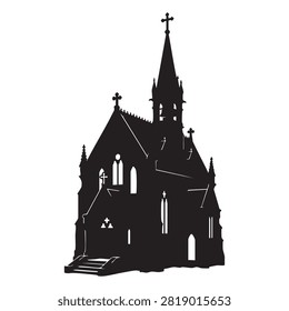 Elegant vector illustration of a christian cathedral silhouette featuring detailed roof design and stone steps. This church icon is perfect for religious projects, historic building logos, architectural posters, ecclesiastical branding, monochromatic graphic design elements and memorial stationery templates.