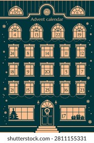 Elegant vector illustration of a Christmas advent calendar designed as a festive house with numbered windows. Dark green background with golden decorative elements in a minimal vintage style.
