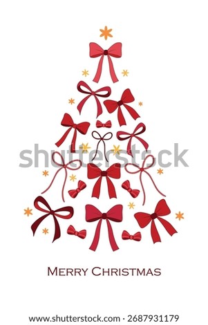 Elegant vector illustration of a Christmas tree silhouette made of red and burgundy bows. Design for greeting cards, posters, holiday decor, postcard, fabric print, gift, tag