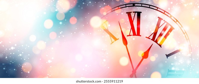 Elegant vector illustration of a clock nearing midnight, surrounded by festive sparkles and a soft pastel gradient background.