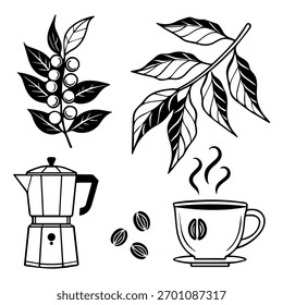 Elegant vector illustration of coffee beans, leaves, and brewing equipment. Ideal for organic coffee branding, product labels, packaging.
