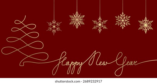 Elegant vector illustration with a continuous line art golden Christmas tree and "Happy New Year" script, featuring five hanging intricate gold snowflakes on a deep red background