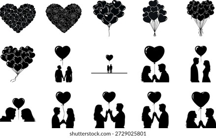 Elegante ilustração vetorial de um casal compartilhando um momento romântico com balões flutuantes em forma de coração, evocando amor e celebração em um estilo minimalista.