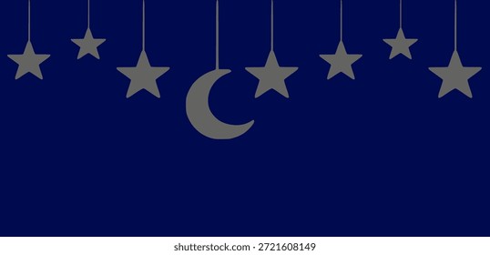 Elegante ilustração vetorial de uma lua crescente e estrelas penduradas contra um céu noturno azul profundo, evocando um senso de maravilha celestial e tradição islâmica.