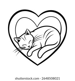 Elegant vector illustration of a curled sleeping cat silhouette inside a heart-shaped frame, perfect for International Cat Day designs, t-shirts, cards, and pet-themed decor.