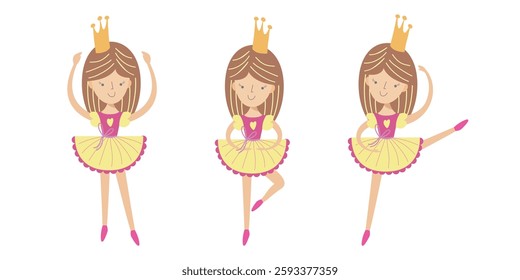 Elegant vector illustration of a cute ballerina princess in a yellow and pink tutu with a crown. Children's fairytale theme, joyful design, perfect for kids' prints, posters, and decorations.