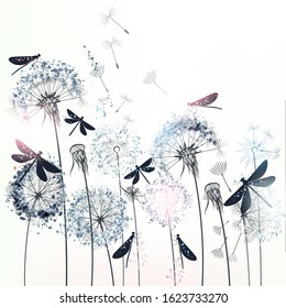 Elegant vector illustration with dandelions and dragonflies