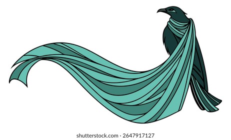 Elegant vector illustration of a dark bird adorned with a long, flowing teal drape, suitable for fantasy, nature, or decorative designs.