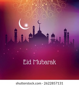 Elegant vector illustration for Eid Mubarak celebration, featuring traditional Islamic elements such as lanterns, crescent moon, stars, and mosque silhouettes. Perfect for festive greetings, social me